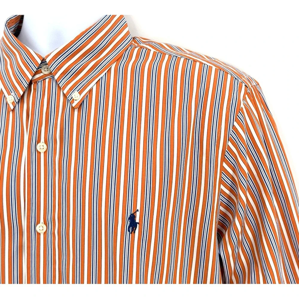 Ralph Lauren Shirt Men's L Custom Fit Long Sleeve Orange Blue Stripe Hong‎ Kong